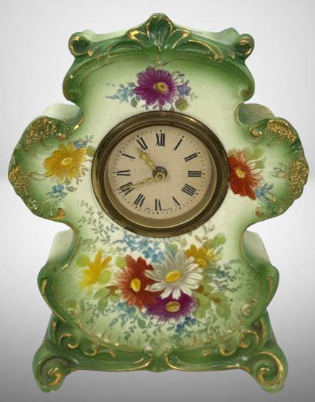 German Porcelain Mantel Clock with Floral Design, "Amber"