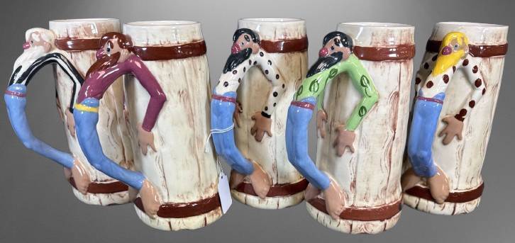 5 Ceramic Cowboy Handle Beer Steins