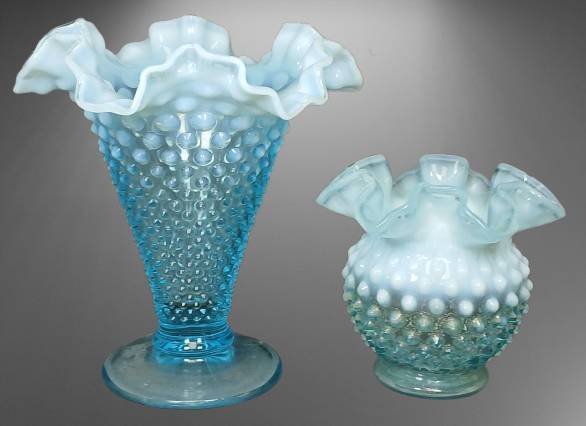 (2) Fenton Hobnail Blue Opalescent Vases