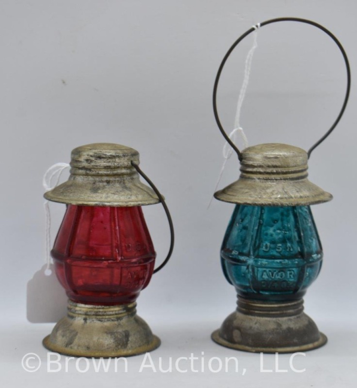 (2) Lantern glass candy containers, blue and red