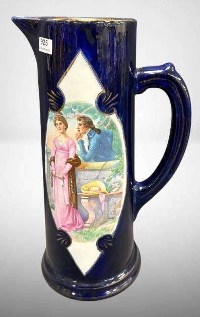 Cobalt Porcelain Tankard Pitcher with Scenic Motif