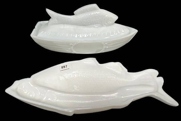 (2) White Milk Glass Fish Dishes