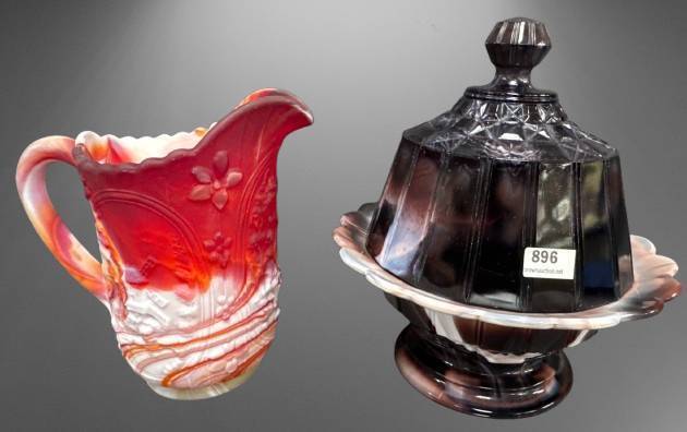 Slag Glass Pitcher and Covered Dish