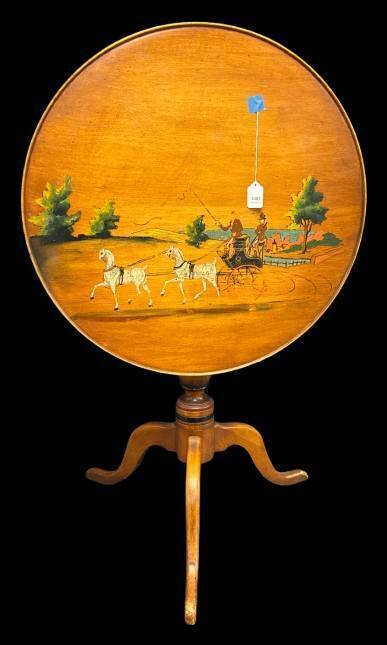Wooden Tilt-Top Side Table with Painted Scene