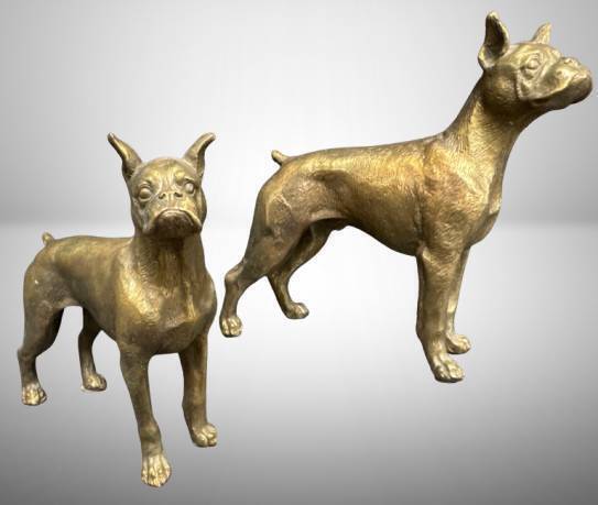 (2) Cast Bronze Boxer Dog Sculptures