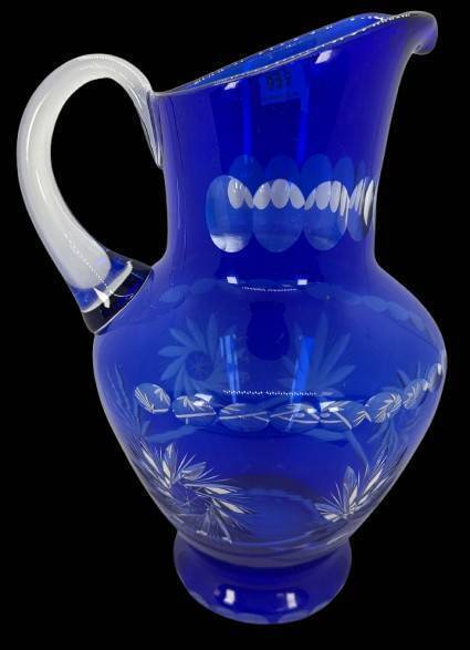 Cobalt Blue Cut-To-Clear Glass Pitcher