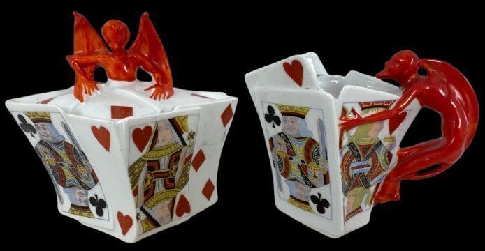Royal Bayreuth Devil and Cards Creamer and Sugar