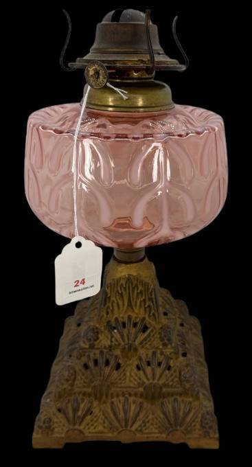 Opalescent Glass Oil Lamp With Decorative Metal Base