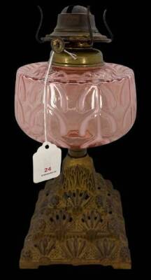 Opalescent Glass Oil Lamp With Decorative Metal Base