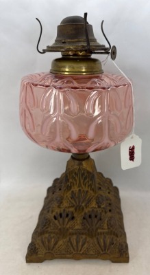 Opalescent Glass Oil Lamp With Decorative Metal Base - 2