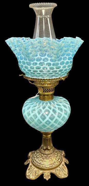 Blue Opalescent Oil Lamp With Brass Base
