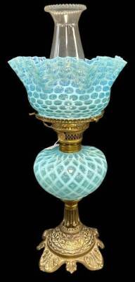 Blue Opalescent Oil Lamp With Brass Base