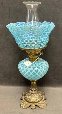 Blue Opalescent Oil Lamp With Brass Base - 2