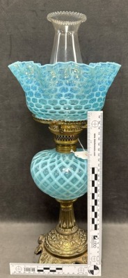 Blue Opalescent Oil Lamp With Brass Base - 3