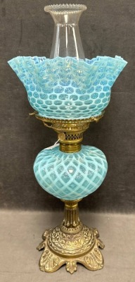 Blue Opalescent Oil Lamp With Brass Base - 4