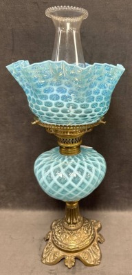 Blue Opalescent Oil Lamp With Brass Base - 9