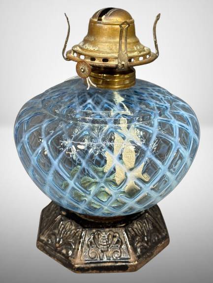 Blue Opalescent Glass Oil Lamp with Cast Iron Base