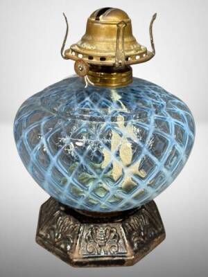 Blue Opalescent Glass Oil Lamp with Cast Iron Base