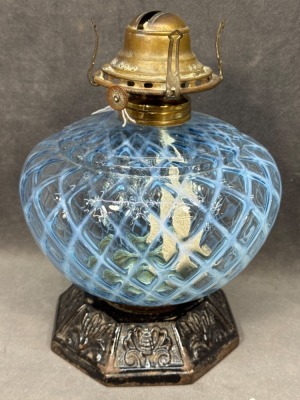 Blue Opalescent Glass Oil Lamp with Cast Iron Base - 2