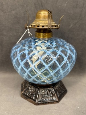 Blue Opalescent Glass Oil Lamp with Cast Iron Base - 3