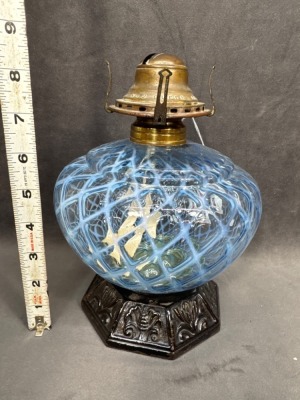 Blue Opalescent Glass Oil Lamp with Cast Iron Base - 4