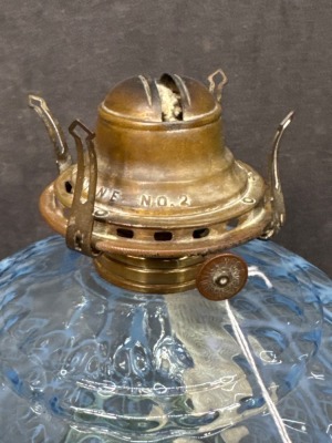 Blue Opalescent Glass Oil Lamp with Cast Iron Base - 7