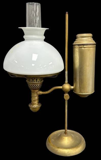 Brass Kerosene Student Lamp with Milk Glass Shade