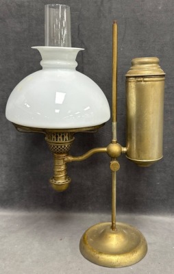 Brass Kerosene Student Lamp with Milk Glass Shade - 2