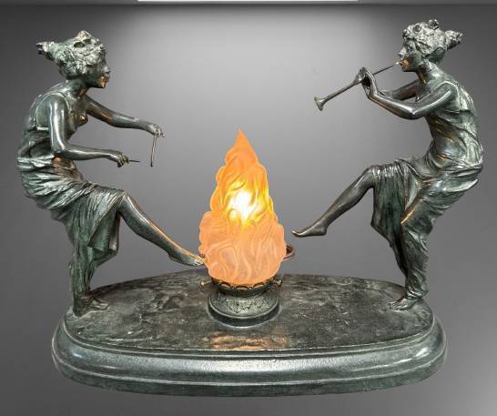 French Art Deco Figural Lamp with Flame Shade