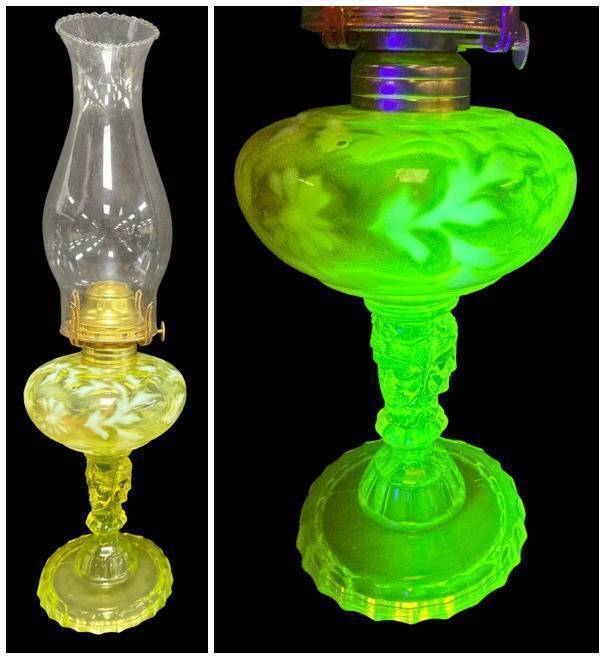 Three Face Vaseline Glass Oil Lamp