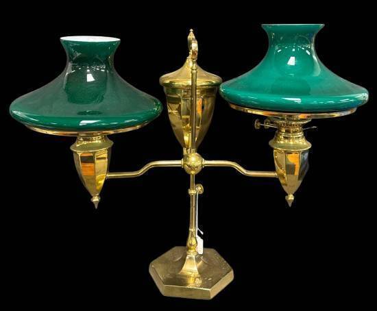 Brass Double Student Lamp with Green Shades