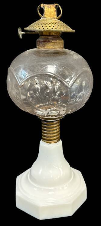 EAPG Pressed Glass Oil Lamp with Milk Glass Base