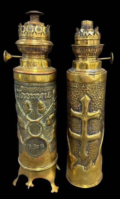Pair of Trench Art Brass Oil Lamps, 20th Century