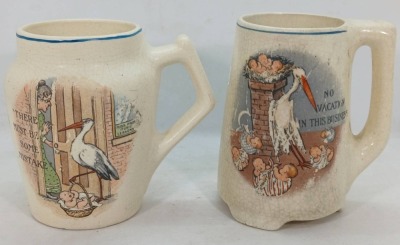 (2) Roseville Creamware Mugs with Stork Designs