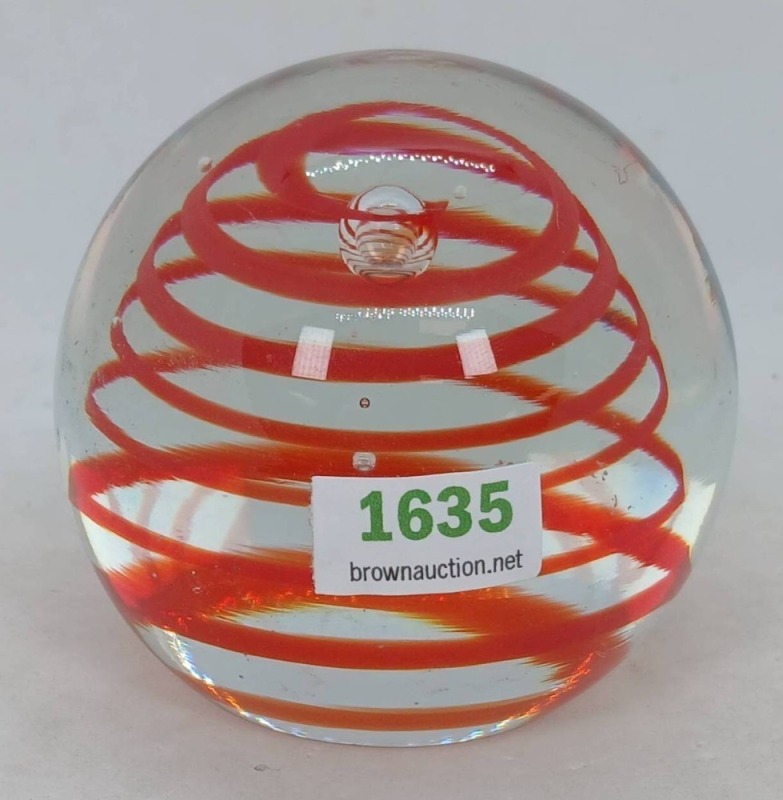 Clear Glass Paperweight With Red Swirl
