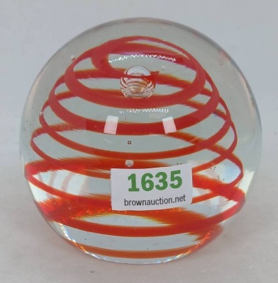 Clear Glass Paperweight With Red Swirl