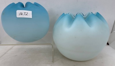 (2) Blue Satin Glass Rose Bowls