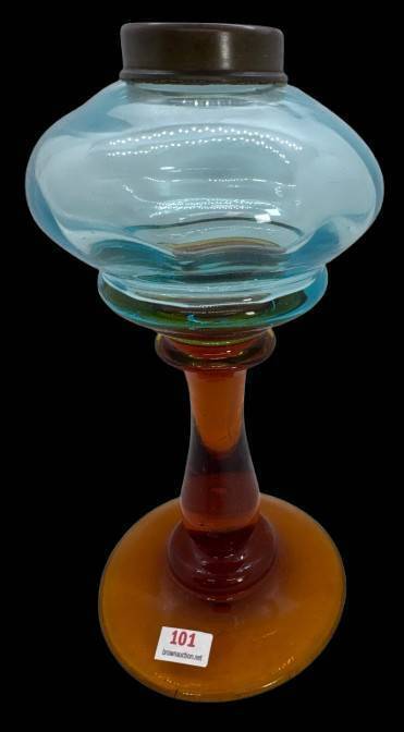Glass Oil Lamp with Brass Collar, Amber and Blue
