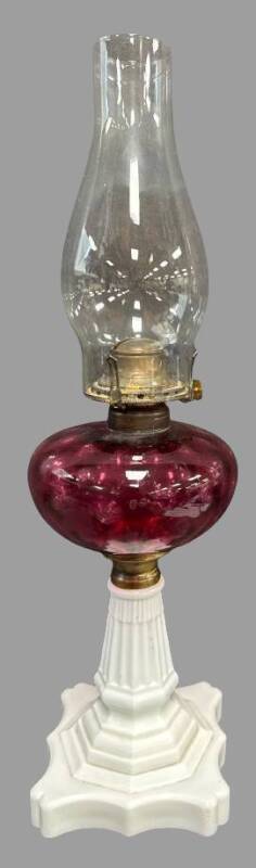 Glass Oil Lamp with Cranberry Font and Milk Glass Base