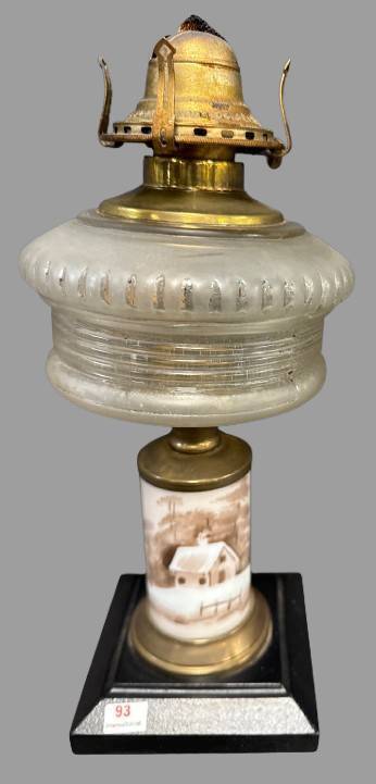 Victorian-era Pedestal Kerosene Oil Lamp, Barn Scene
