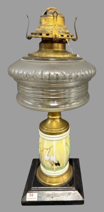 Victorian-era Pedestal Oil Lamp, Bird Decor, Polygonal Stem
