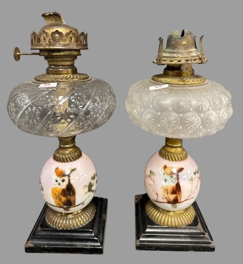 Hand-Painted Oil Lamps, Owls on Stems
