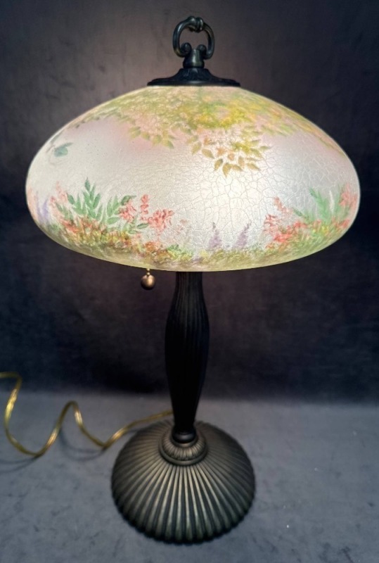 Handpainted Modern Lamp With Reverse Painted Floral Design