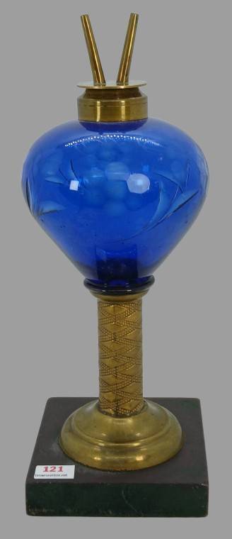 Cobalt Blue Glass Oil Lamp with Brass Details
