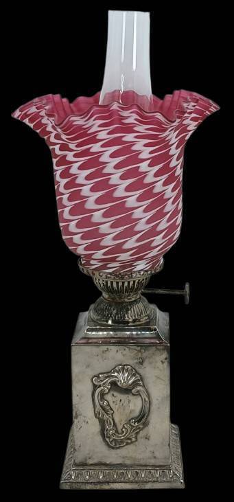 Oil Lamp With Cranberry Nailsea Shade on Walker & Hall Silver Base