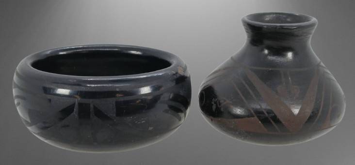 (2) Native American Black Pottery Items with Designs