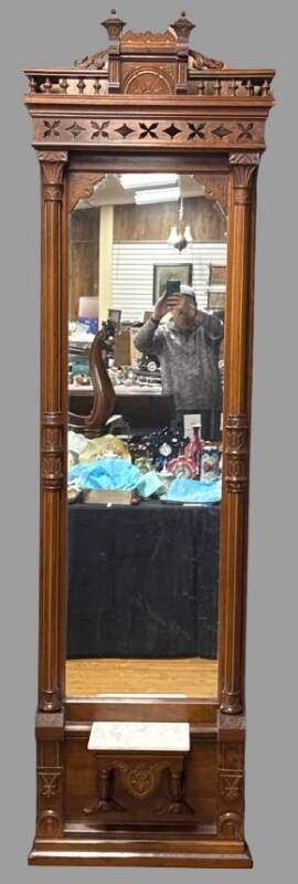Carved Tall Entry Mirror with Marble Shelf