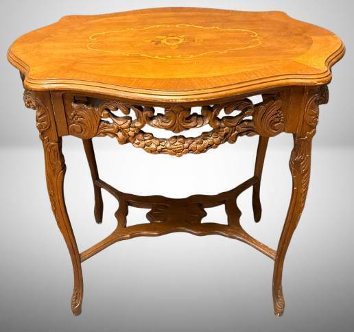 Carved Wood Table With Inlay Design