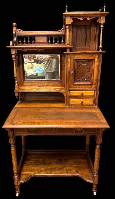 Ornate Wooden Secretary Desk with Mirror