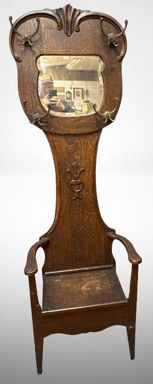 Late 1800's Oak Hall Tree With Beveled Mirror
